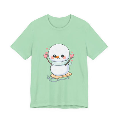 Kawaii Snowman T-Shirt, Cute Winter Sledding Tee