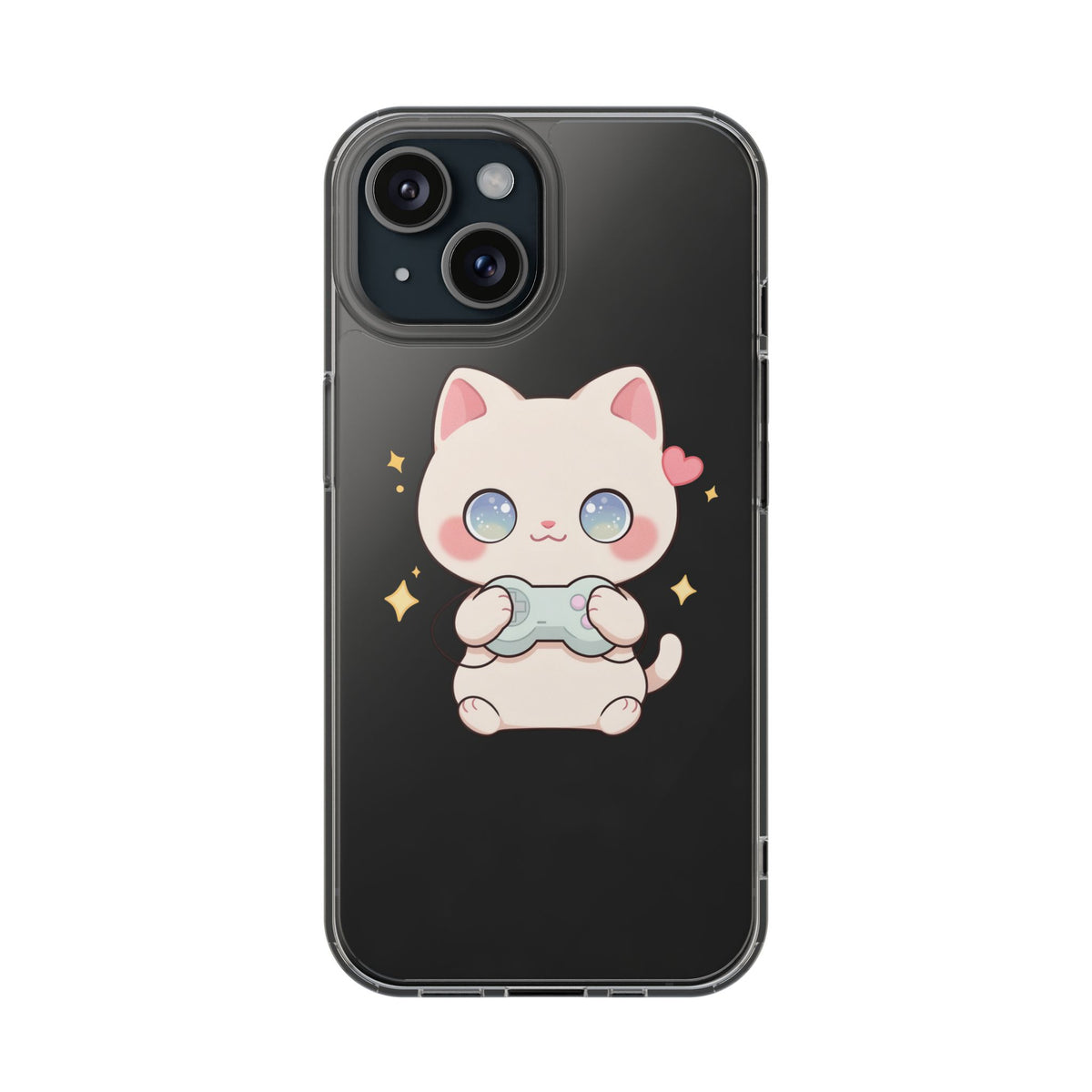 Kawaii Gamer Cat Clear Phone Case for Gaming Fans