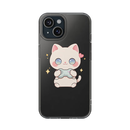 Kawaii Gamer Cat Clear Phone Case for Gaming Fans