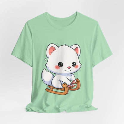 Kawaii Arctic Fox Sledding T-Shirt, Cute Unisex Tee