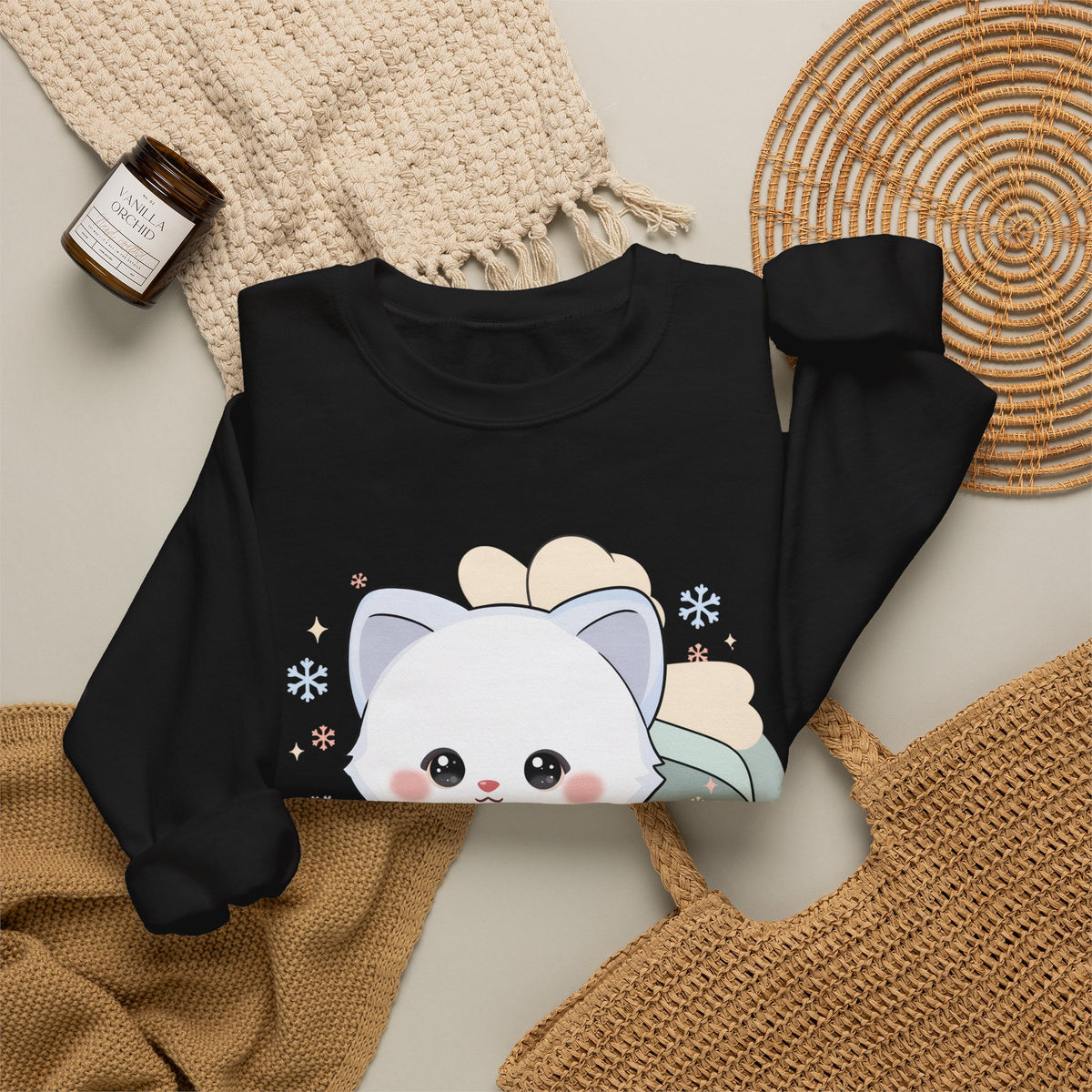 Kawaii Arctic Fox Sweatshirt, Cute Gift Box Fox Crewneck