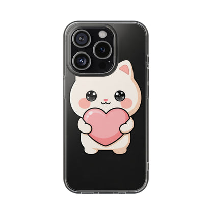 Kawaii Cat Phone Case with Heart, Clear Impact-Resistant