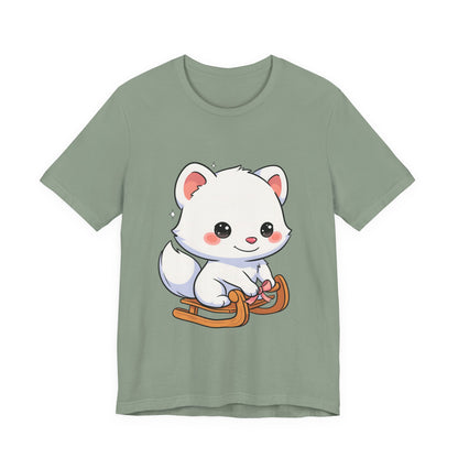 Kawaii Arctic Fox Sledding T-Shirt, Cute Unisex Tee