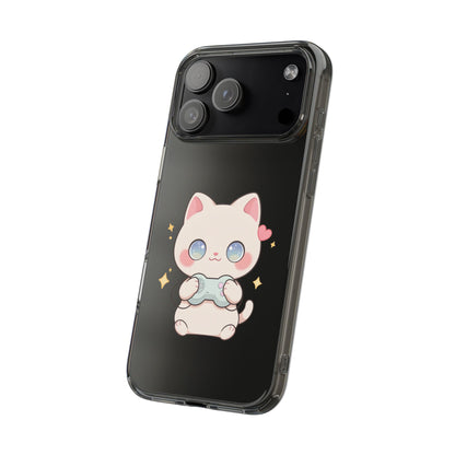 Kawaii Gamer Cat Clear Phone Case for Gaming Fans