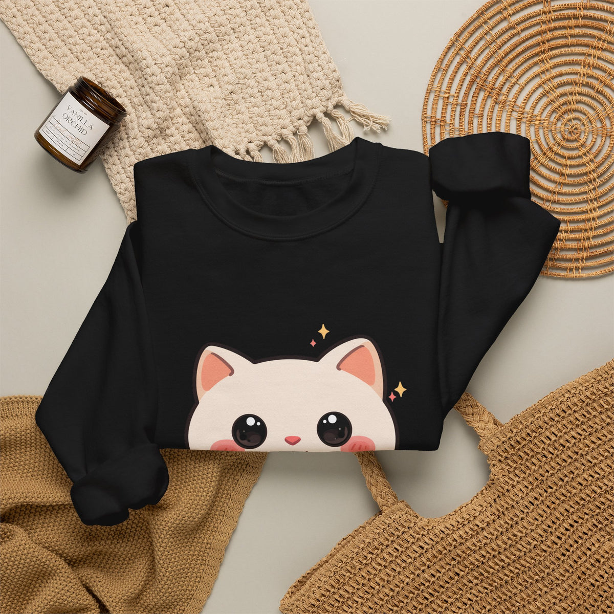 Kawaii Latte Cat Sweatshirt, Cute Chibi Coffee Cat Crewneck