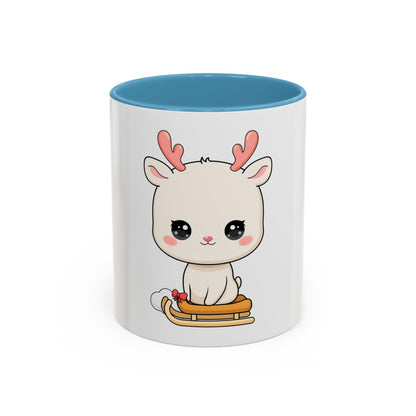 Christmas Reindeer Accent Coffee Mug, Cute Kawaii Sledding Gift