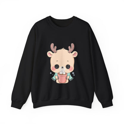 Kawaii Reindeer Sweatshirt, Cute Hot Cocoa Holiday Crewneck