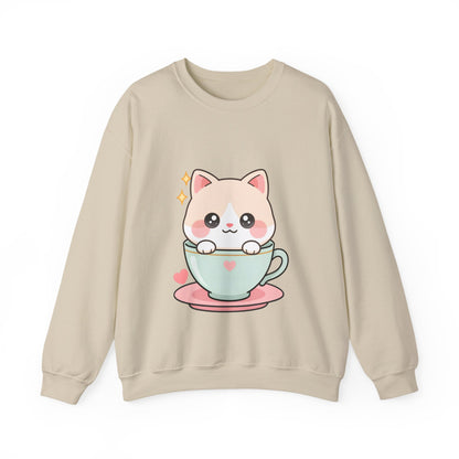 Kawaii Cat Sweatshirt, Cute Cat in Teacup Crewneck