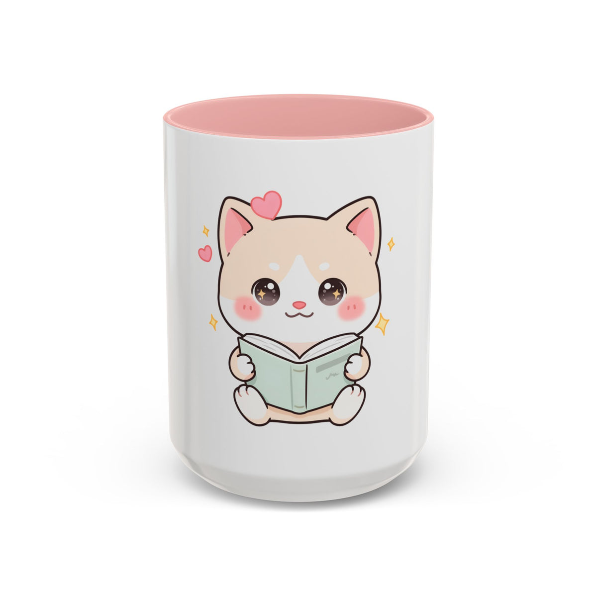 Kawaii Cat Reading Mug, Cute Book Lover Accent Coffee Mug