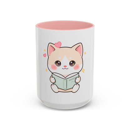 Kawaii Cat Reading Mug, Cute Book Lover Accent Coffee Mug