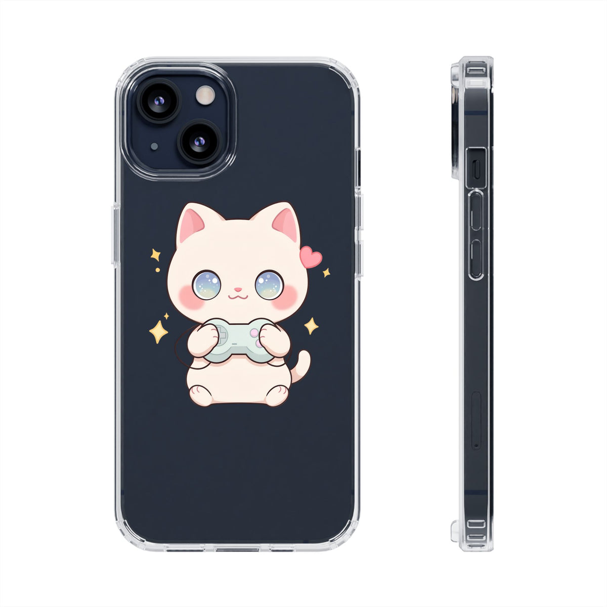 Kawaii Gamer Cat Clear Phone Case for Gaming Fans