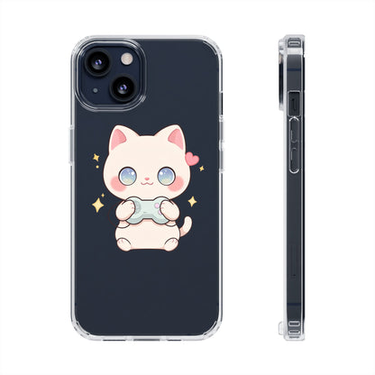 Kawaii Gamer Cat Clear Phone Case for Gaming Fans
