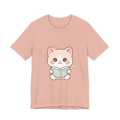Kawaii Reading Cat T-Shirt for Book Lovers
