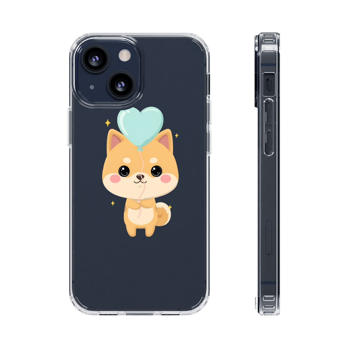 Kawaii Shiba Inu Clear Phone Case with Heart Balloon