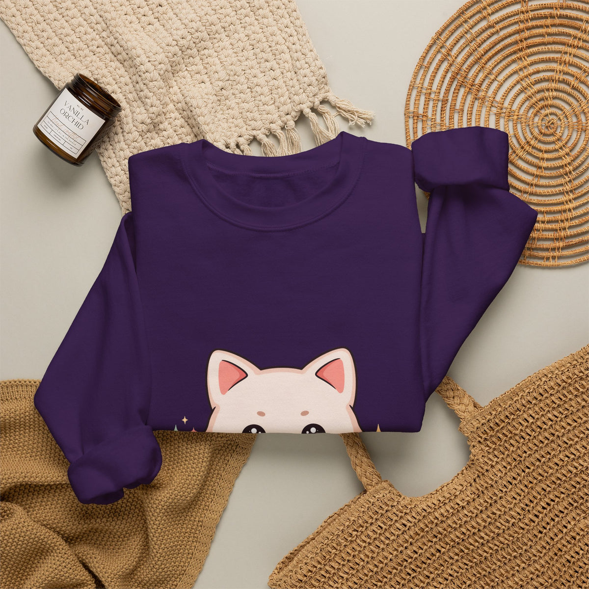 Kawaii Cat Sweatshirt, Cute Crescent Moon Kitten
