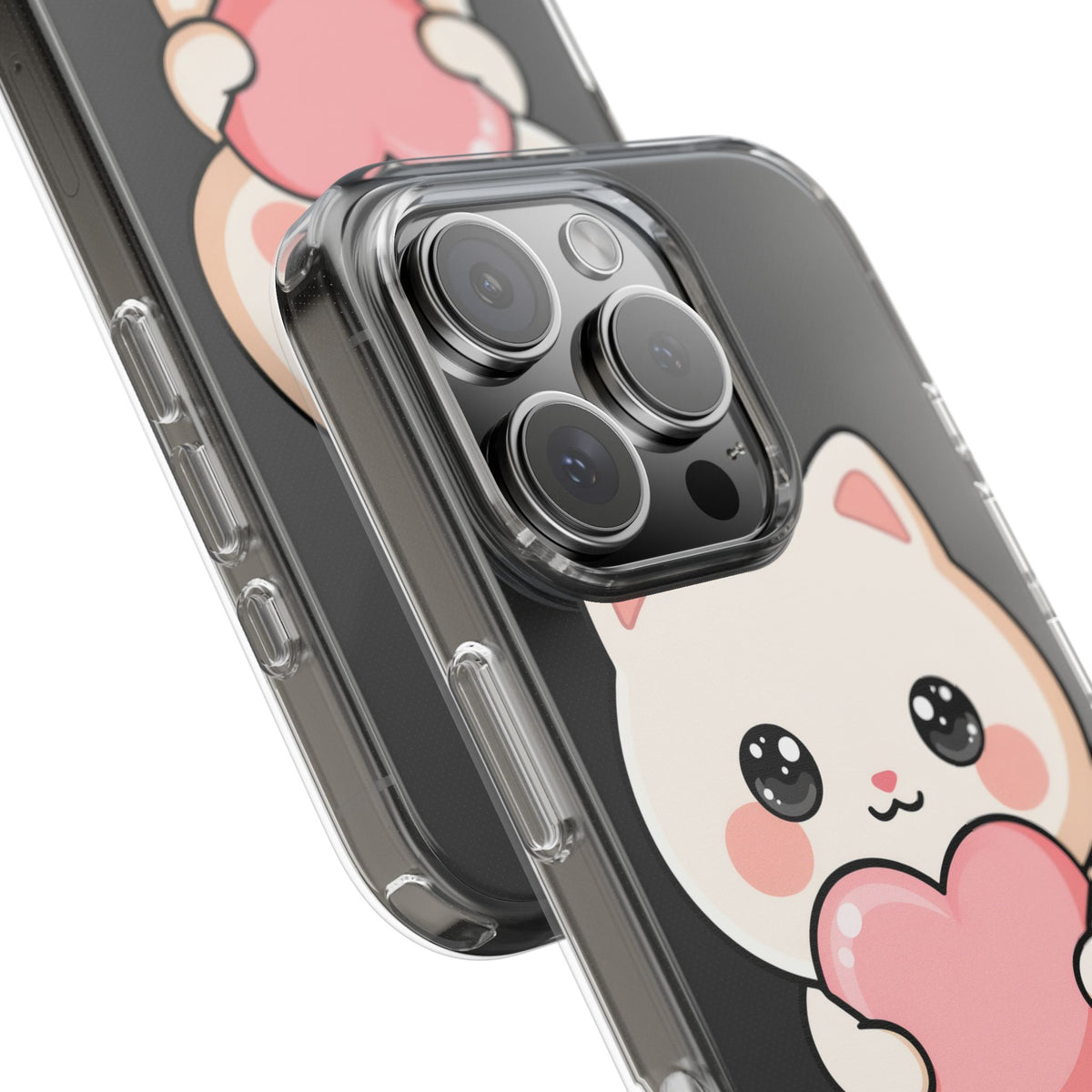 Kawaii Cat Phone Case with Heart, Clear Impact-Resistant
