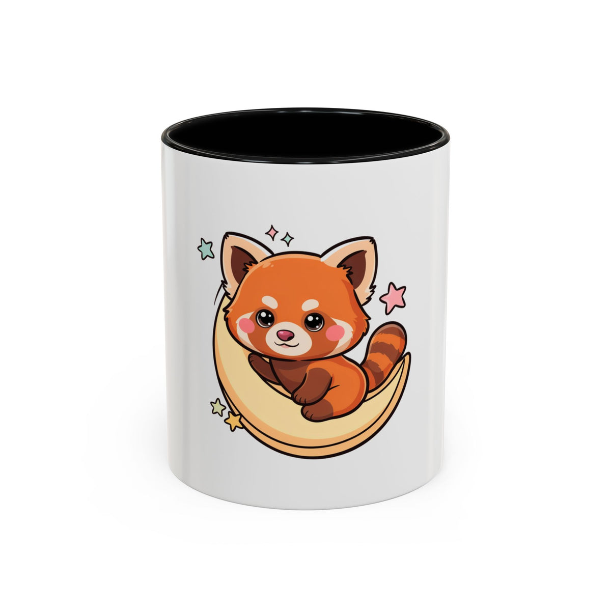 Red Panda Accent Coffee Mug, Kawaii Crescent Moon