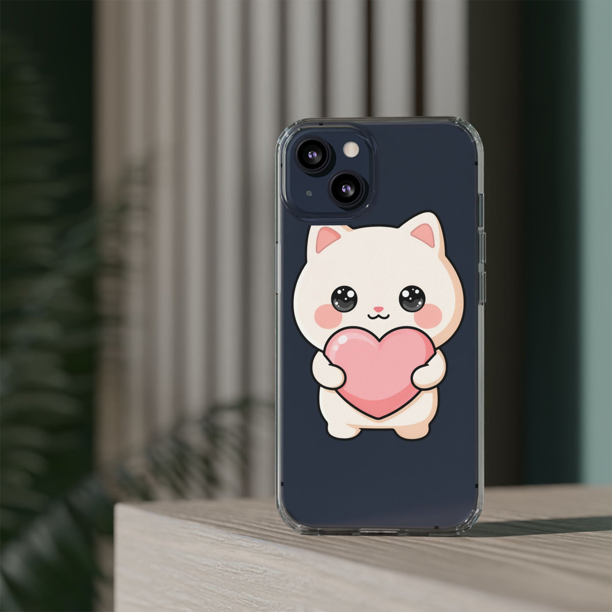 Kawaii Cat Phone Case with Heart, Clear Impact-Resistant