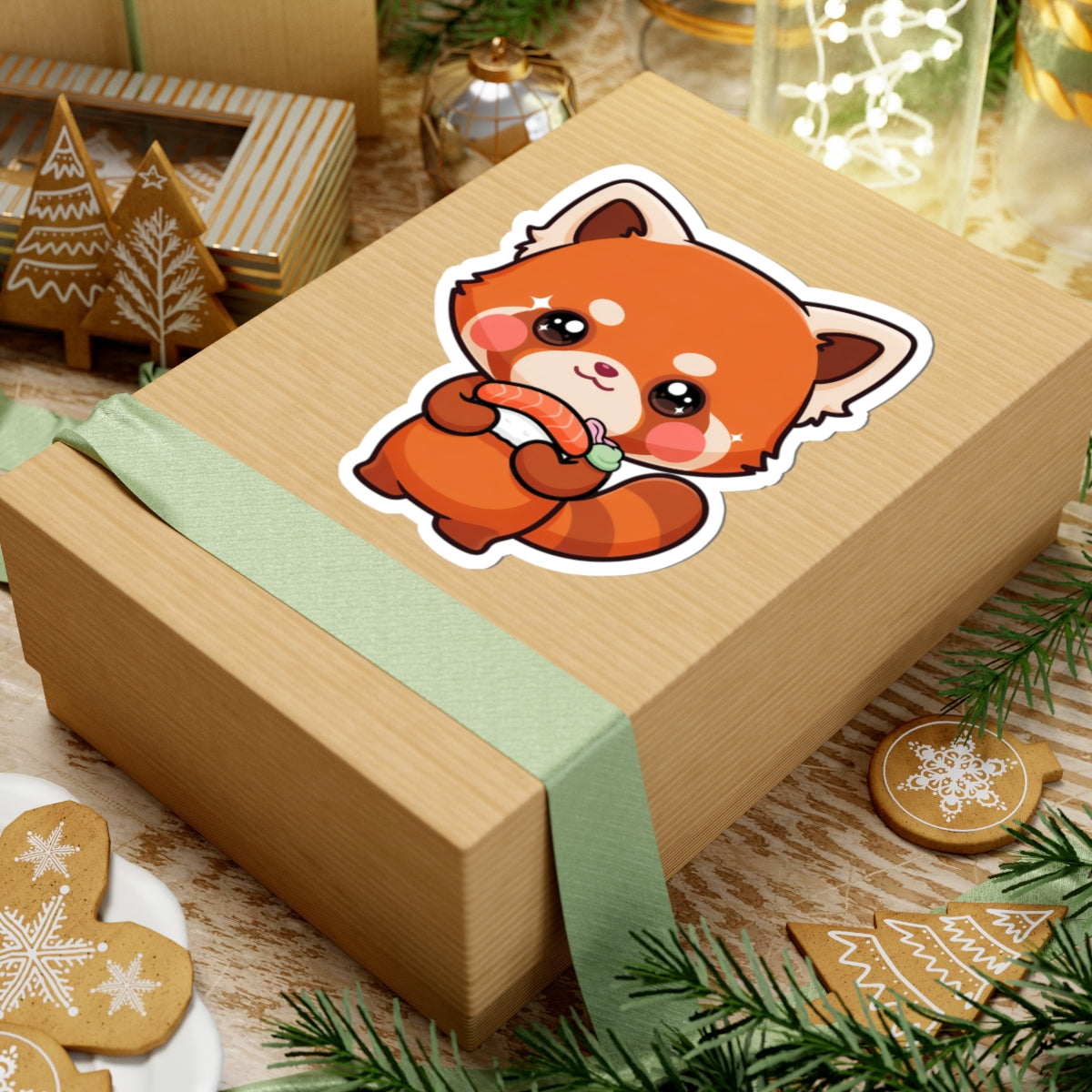 Kawaii Red Panda Sushi Kiss-Cut Sticker Gift