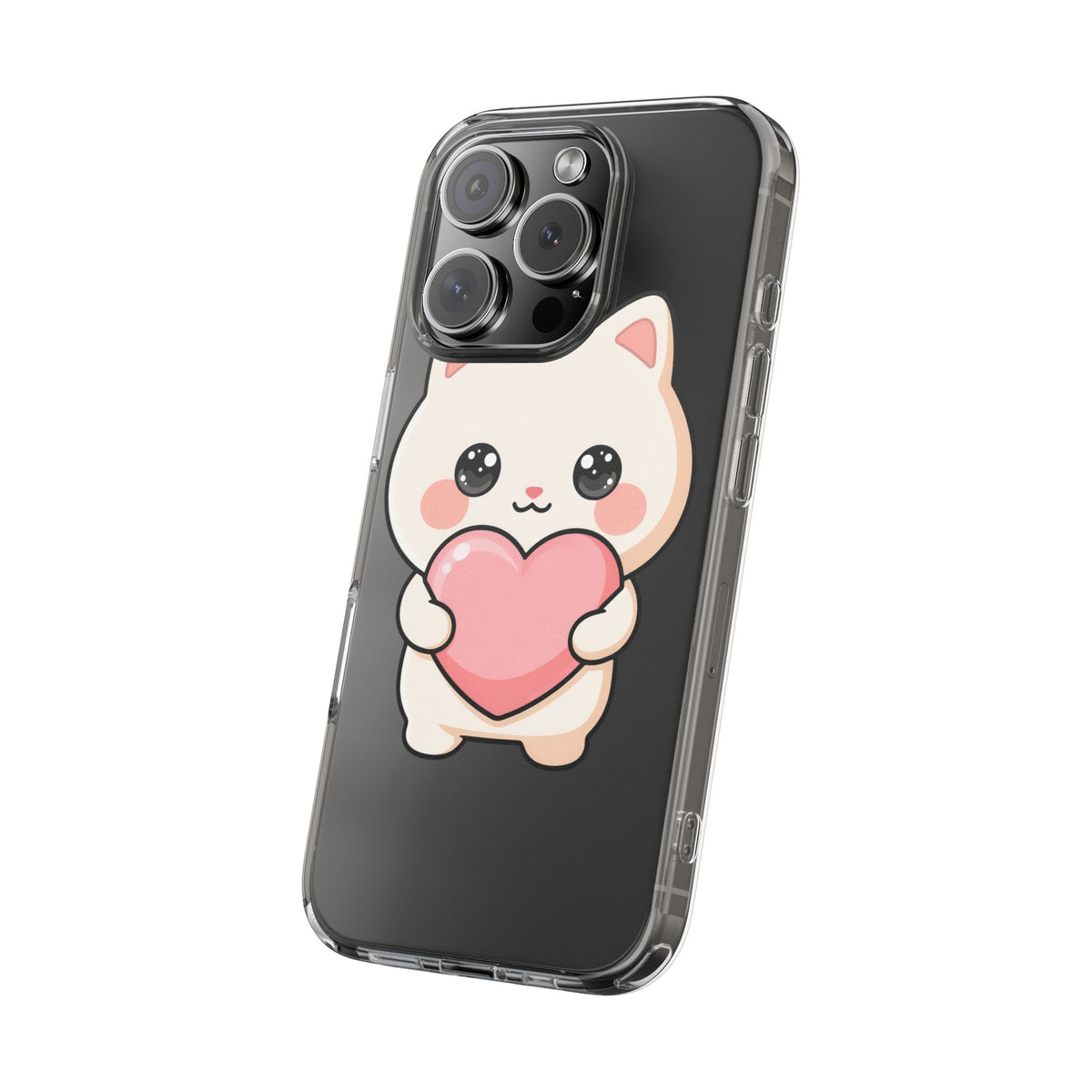Kawaii Cat Phone Case with Heart, Clear Impact-Resistant