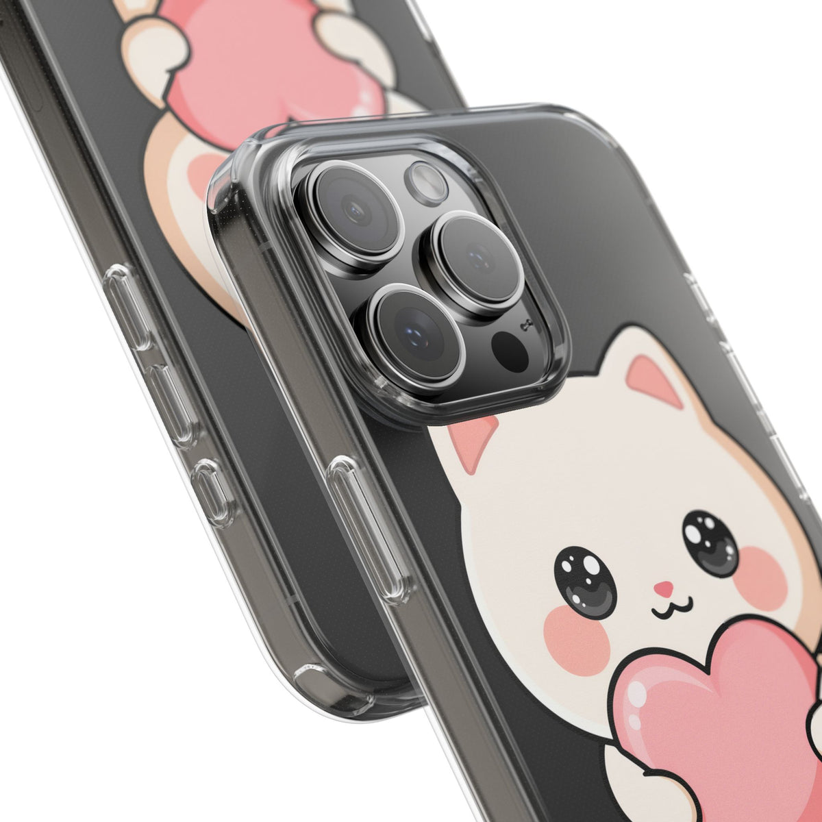Kawaii Cat Phone Case with Heart, Clear Impact-Resistant