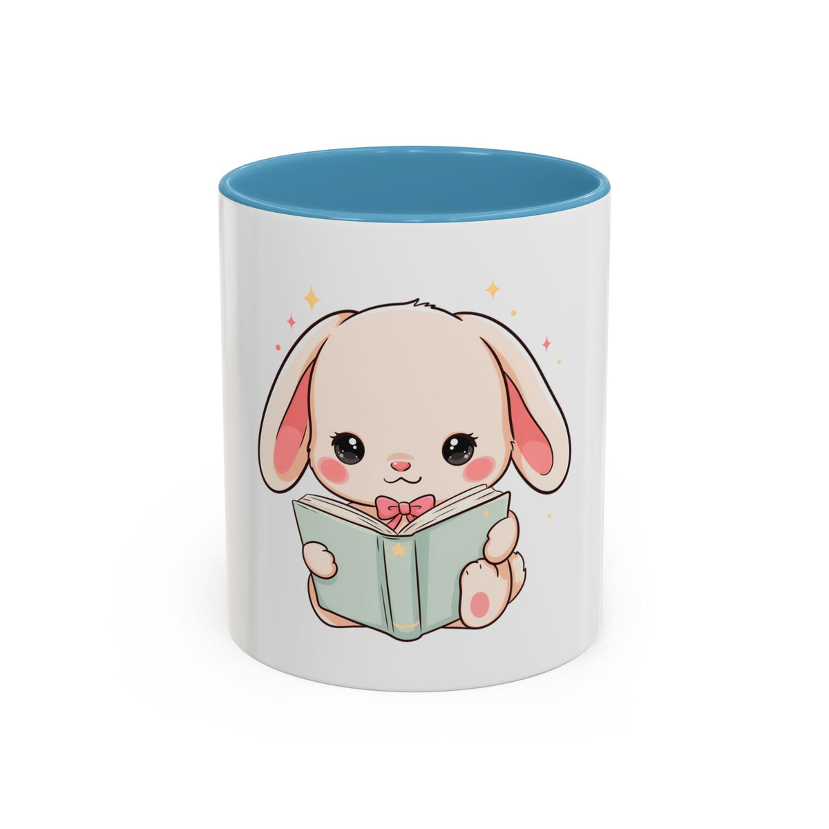 Kawaii Reading Bunny Mug, Cute Book Lover Accent Coffee Mug