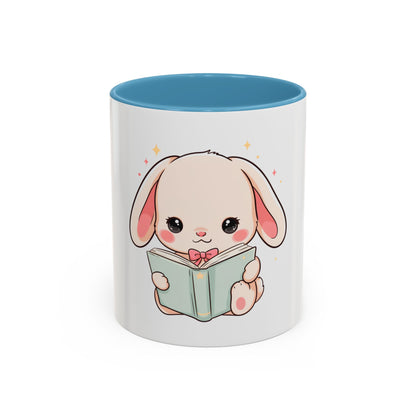 Kawaii Reading Bunny Mug, Cute Book Lover Accent Coffee Mug