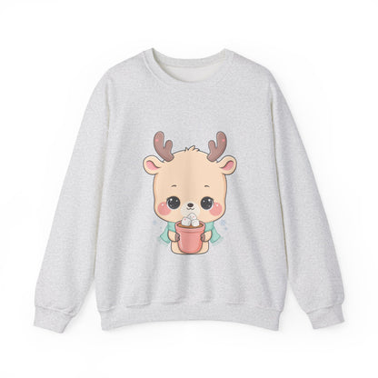 Kawaii Reindeer Sweatshirt, Cute Hot Cocoa Holiday Crewneck