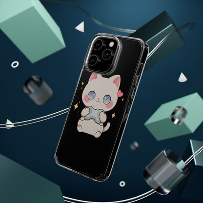 Kawaii Gamer Cat Clear Phone Case for Gaming Fans
