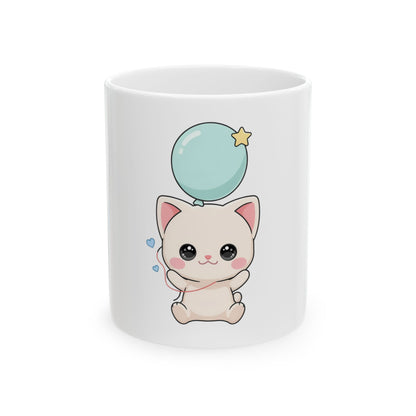 Kawaii Cat Balloon Mug, Cute Chibi Cat Ceramic Coffee Cup