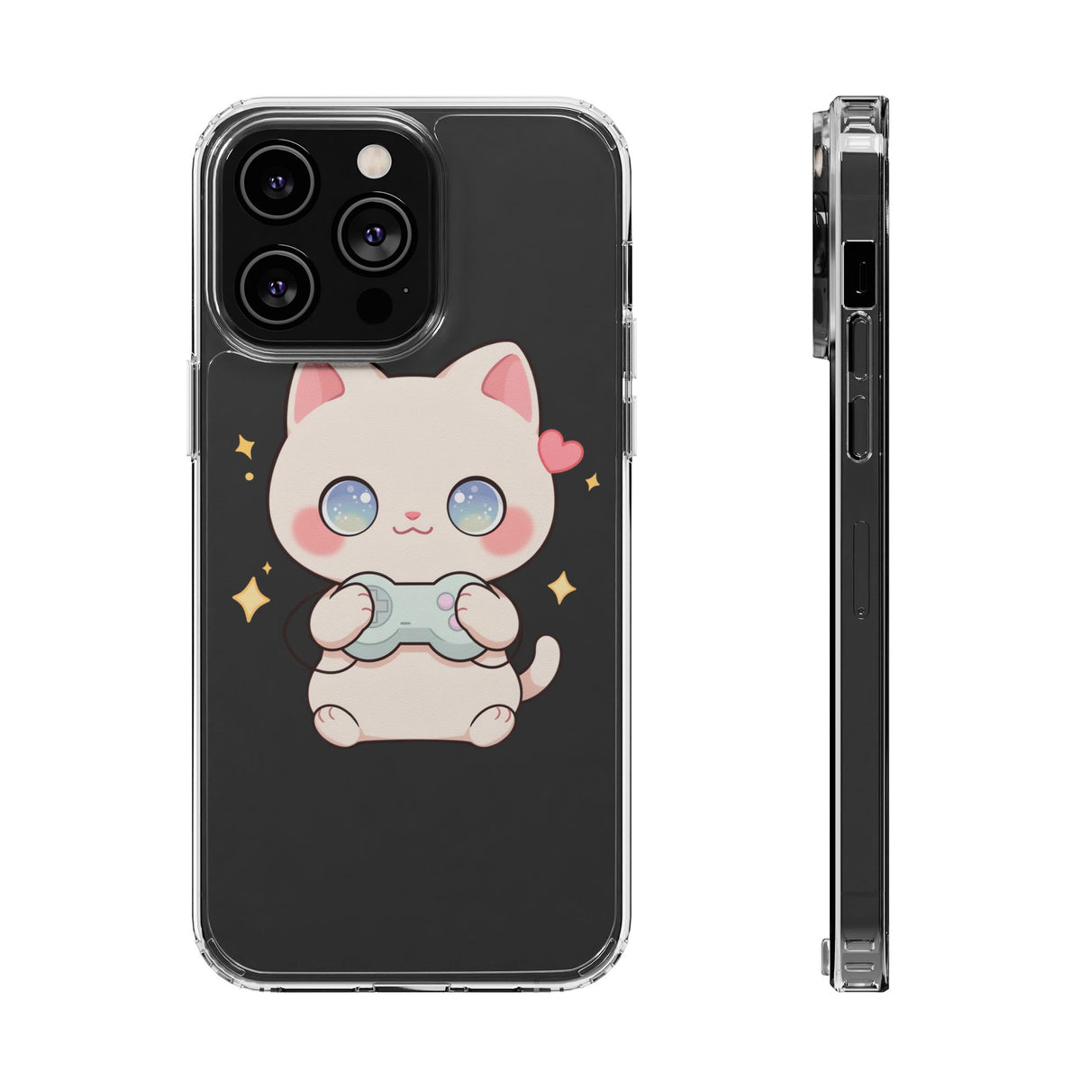 Kawaii Gamer Cat Clear Phone Case for Gaming Fans