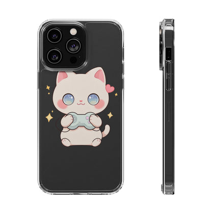 Kawaii Gamer Cat Clear Phone Case for Gaming Fans