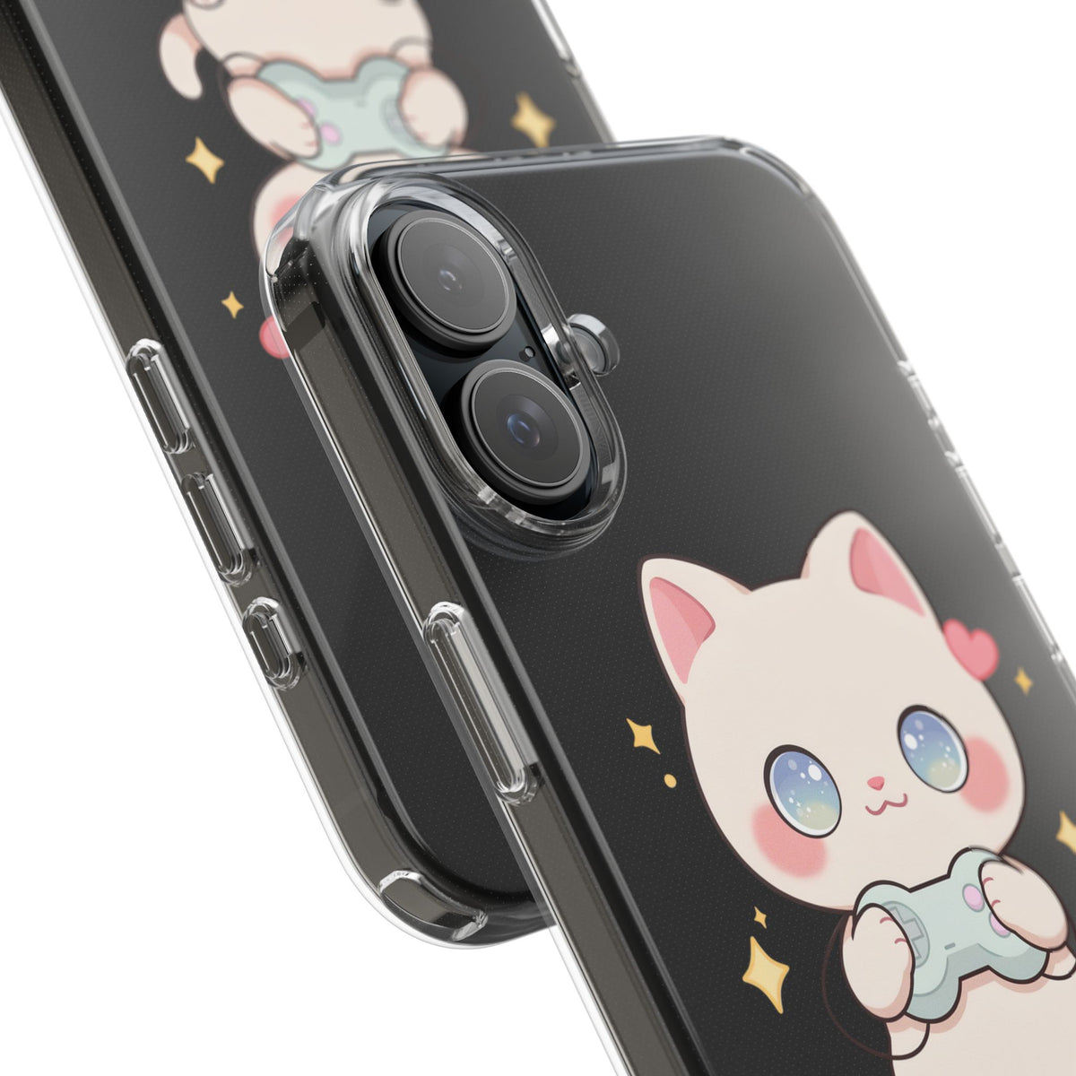 Kawaii Gamer Cat Clear Phone Case for Gaming Fans