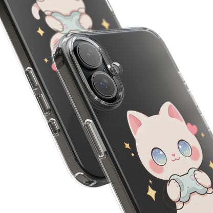 Kawaii Gamer Cat Clear Phone Case for Gaming Fans