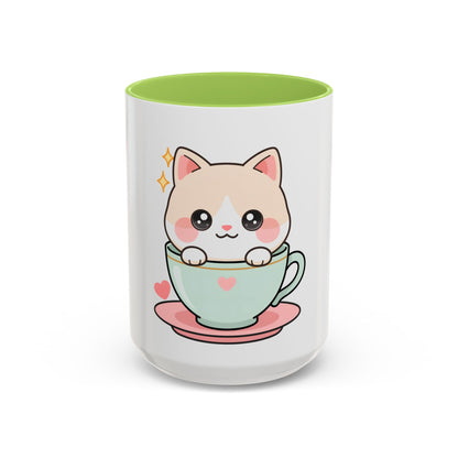 Kawaii Cat Coffee Mug, Cute Cat in Teacup Accent Mug