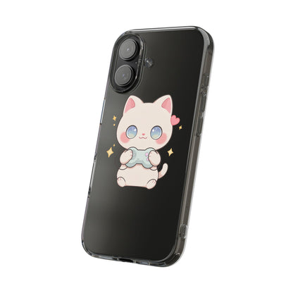 Kawaii Gamer Cat Clear Phone Case for Gaming Fans