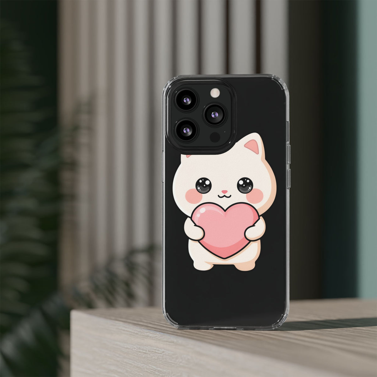 Kawaii Cat Phone Case with Heart, Clear Impact-Resistant