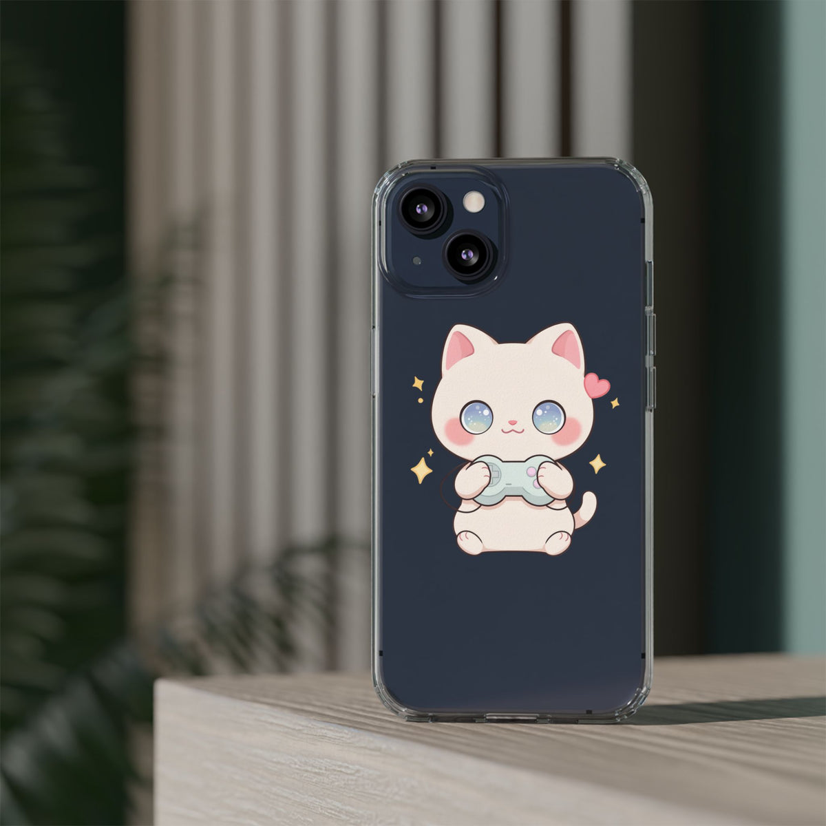 Kawaii Gamer Cat Clear Phone Case for Gaming Fans