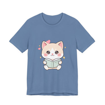 Kawaii Reading Cat T-Shirt for Book Lovers