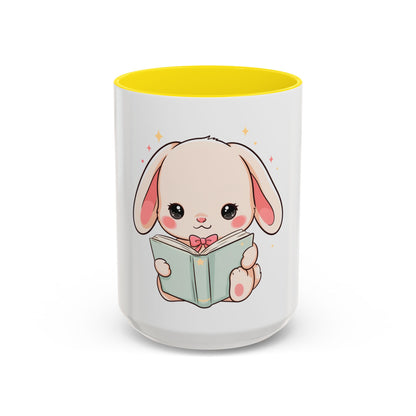 Kawaii Reading Bunny Mug, Cute Book Lover Accent Coffee Mug