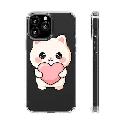 Kawaii Cat Phone Case with Heart, Clear Impact-Resistant