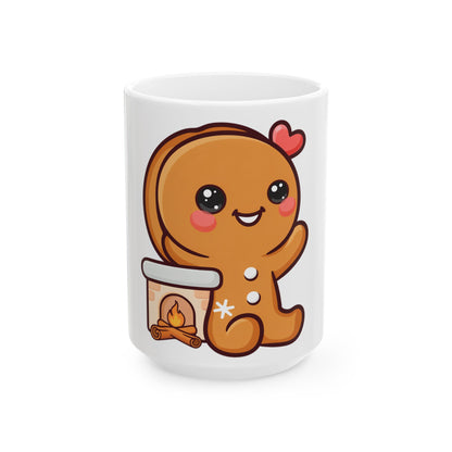 Kawaii Gingerbread Mug with Cozy Fireplace Charm