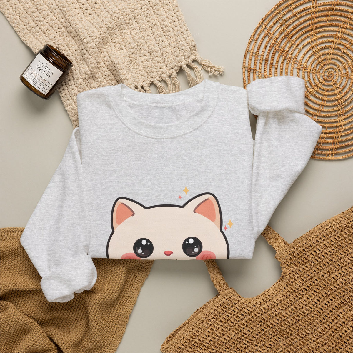 Kawaii Latte Cat Sweatshirt, Cute Chibi Coffee Cat Crewneck