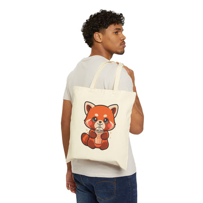 Kawaii Red Panda Bubble Tea Cotton Canvas Tote Bag