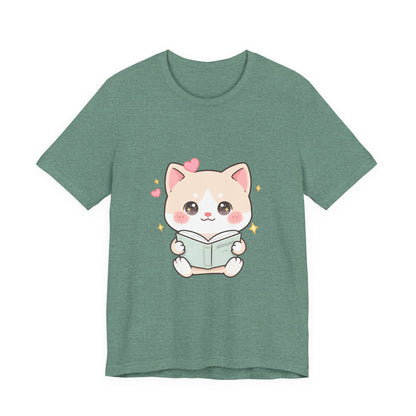 Kawaii Reading Cat T-Shirt for Book Lovers