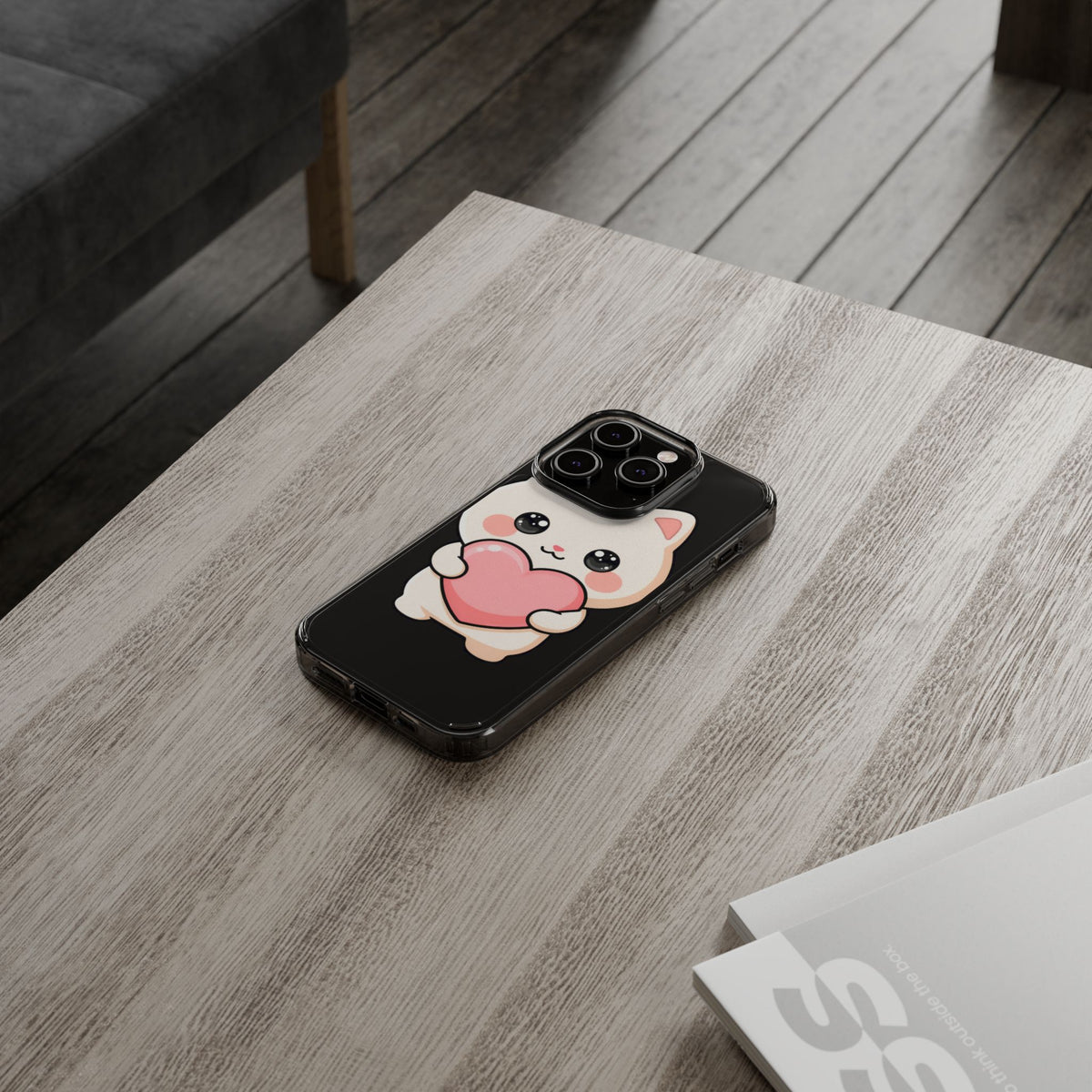 Kawaii Cat Phone Case with Heart, Clear Impact-Resistant