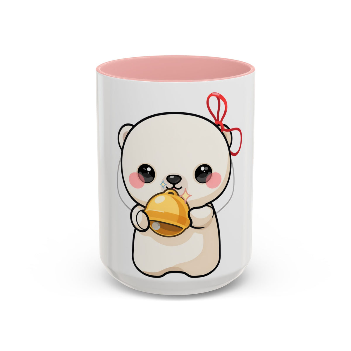 Kawaii Polar Bear Mug, Cute Jingle Bell Accent Coffee Cup