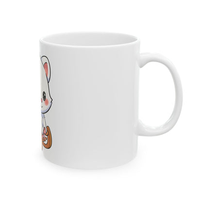 Kawaii Arctic Fox Mug – Cute Sledding Fox Ceramic Cup