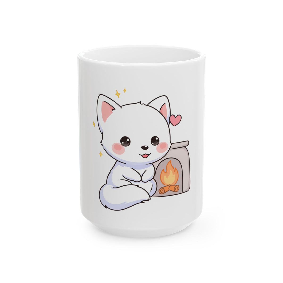 Kawaii Arctic Fox Mug – Cozy Fireplace Companion