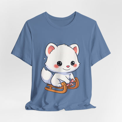Kawaii Arctic Fox Sledding T-Shirt, Cute Unisex Tee